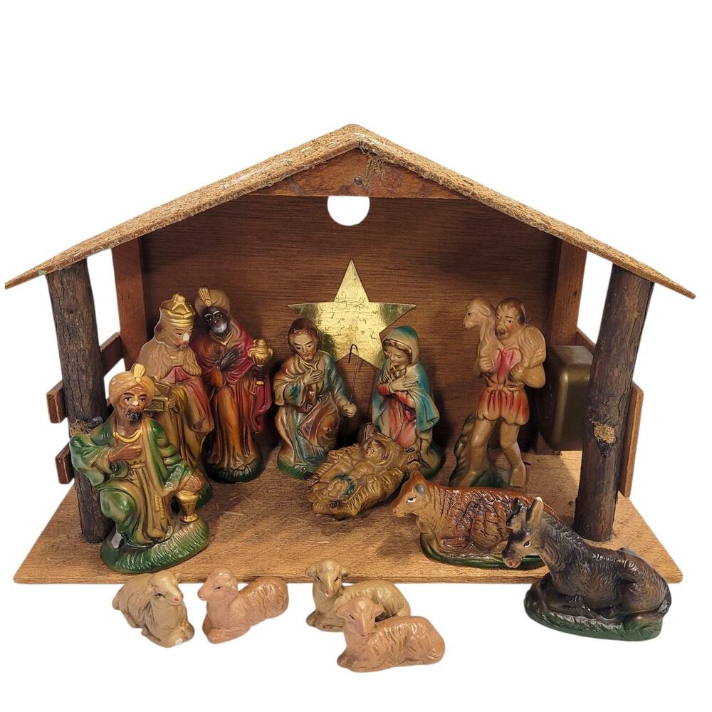 Christmas Nativity Antique 13 figures Manger Music Japan Hand Painted Jesus FLAW
